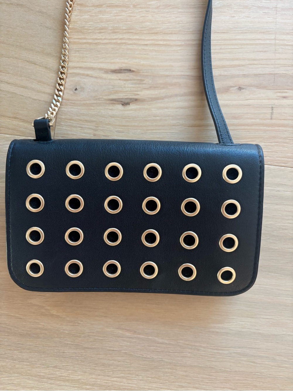 AllSaints Black Leather Crossbody Bag with Gold Eyelet Detail, EUC